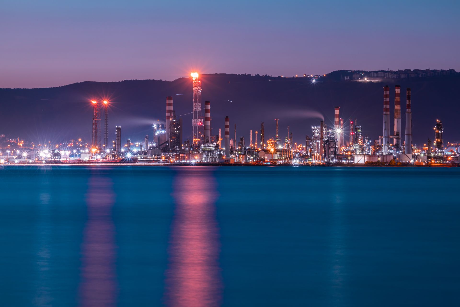 Coastal refining complex at night