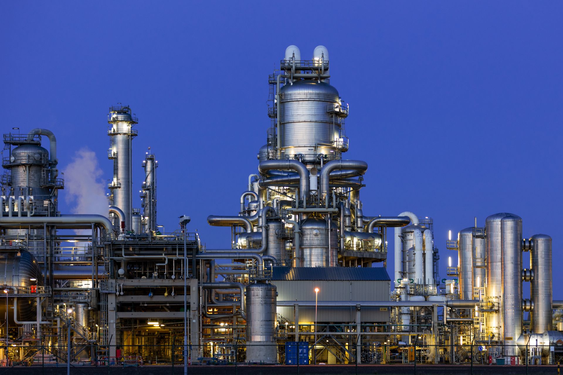 Process plant columns at dusk
